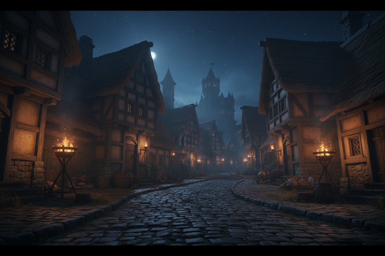 Create a cinematic wide-angle hero image of a high fantasy medieval town at night. The scene shows a cobblestone street winding through timber-framed buildings with thatched roofs and stone foundations. Warm orange torchlight flickers from iron sconces mounted on building walls and from braziers along the street, casting dramatic shadows and creating a cozy, atmospheric glow against the deep blue night sky. Small windows emit soft candlelight. In the background, you can see a castle or tower silhouette agai