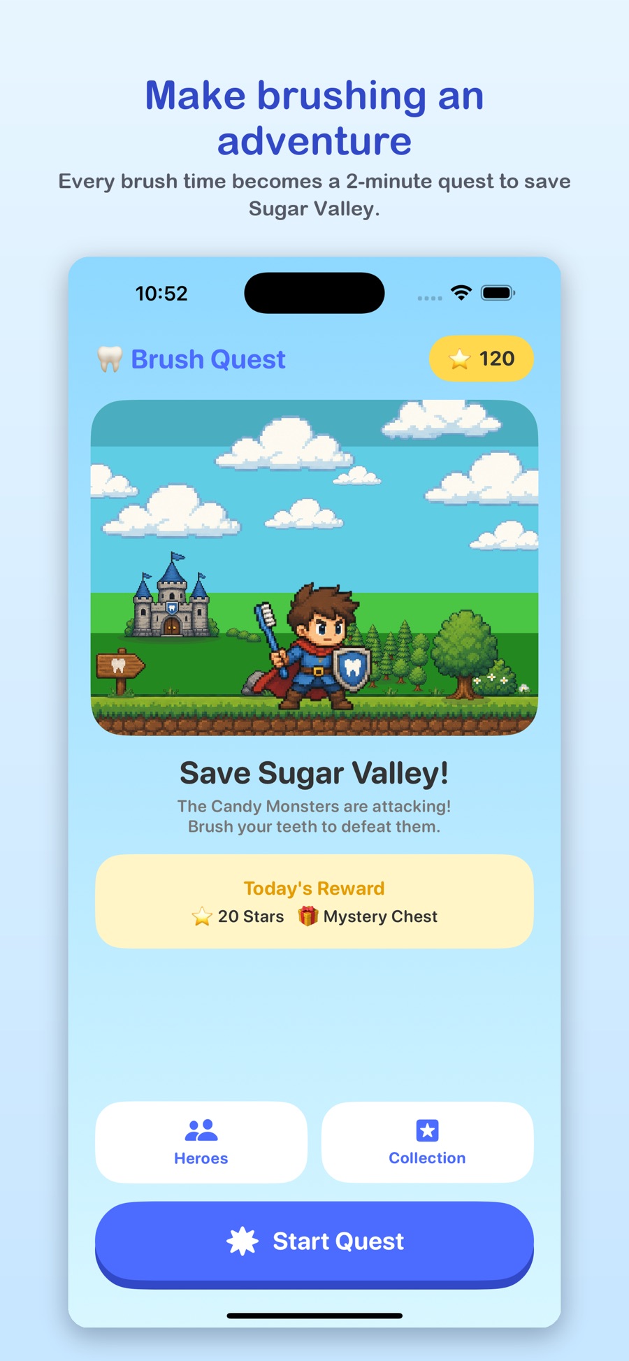 BrushQuest home screen inviting your child to start a quest