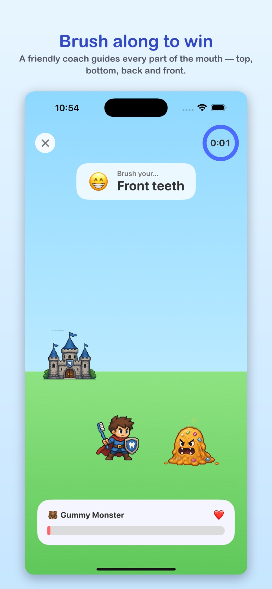 A guided brushing quest coaching the front teeth against a Sugar Monster