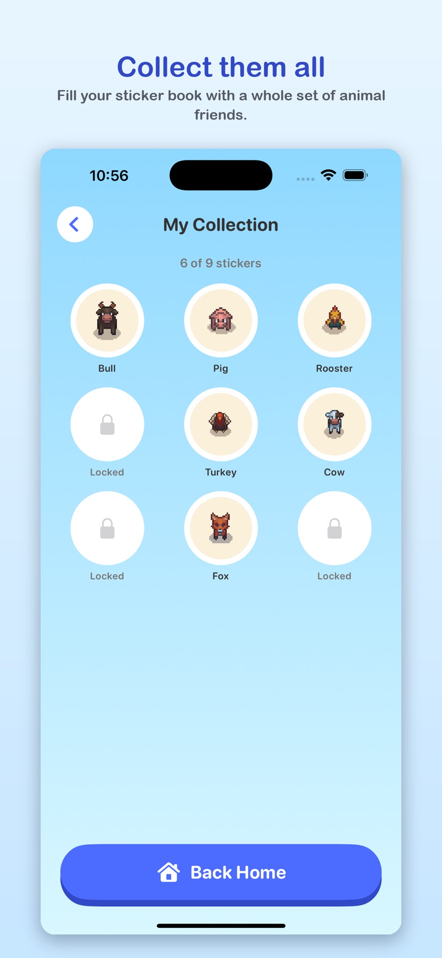 A collection of animal sticker friends earned from mystery chests