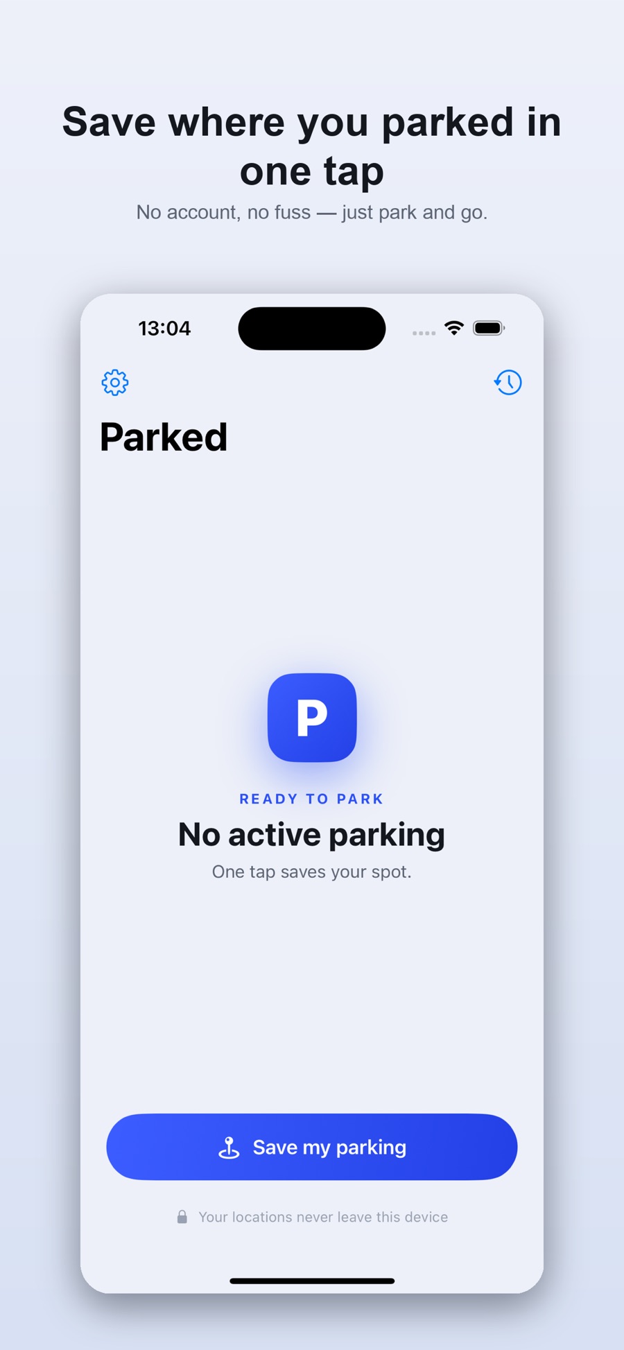 Parked home screen with a big Save my parking button