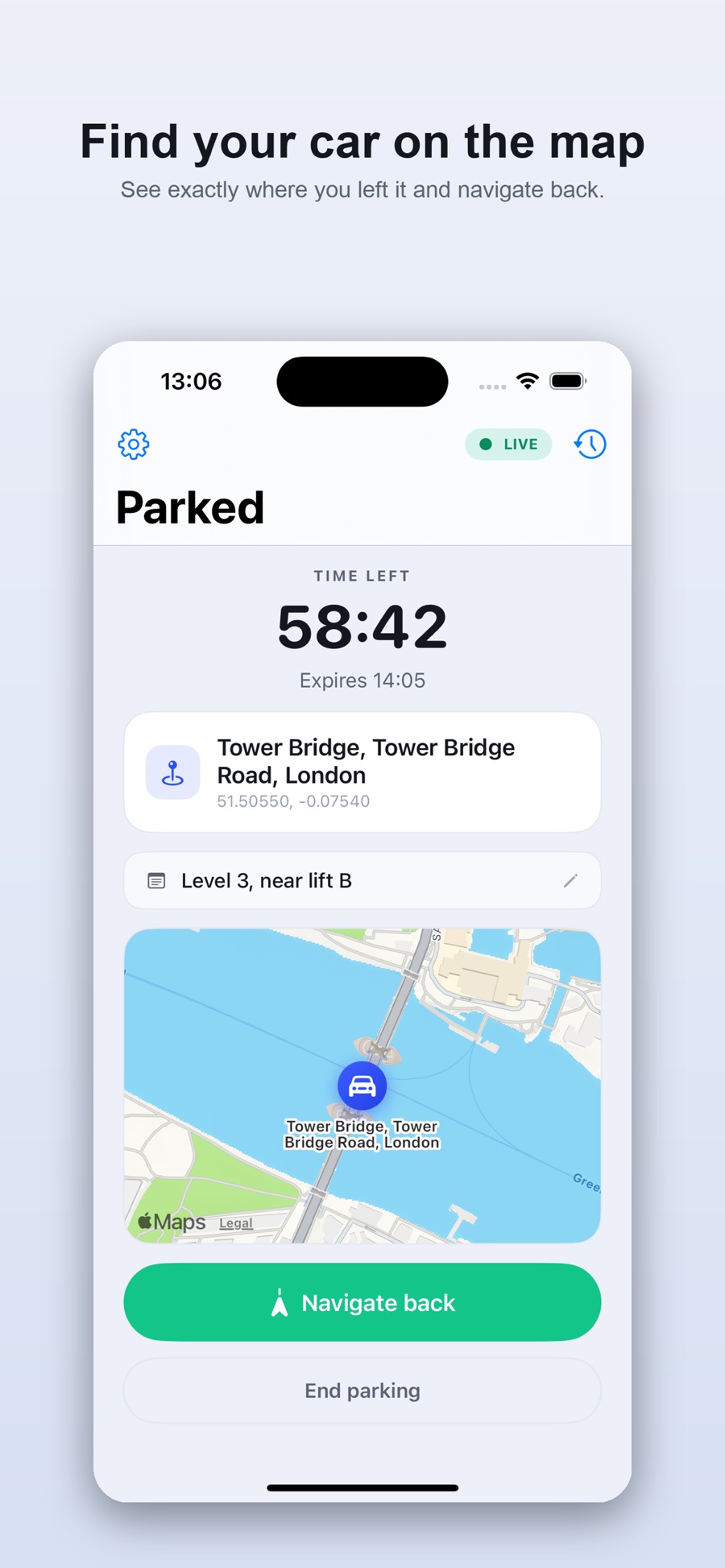 Your saved car shown on a map with a Navigate back button