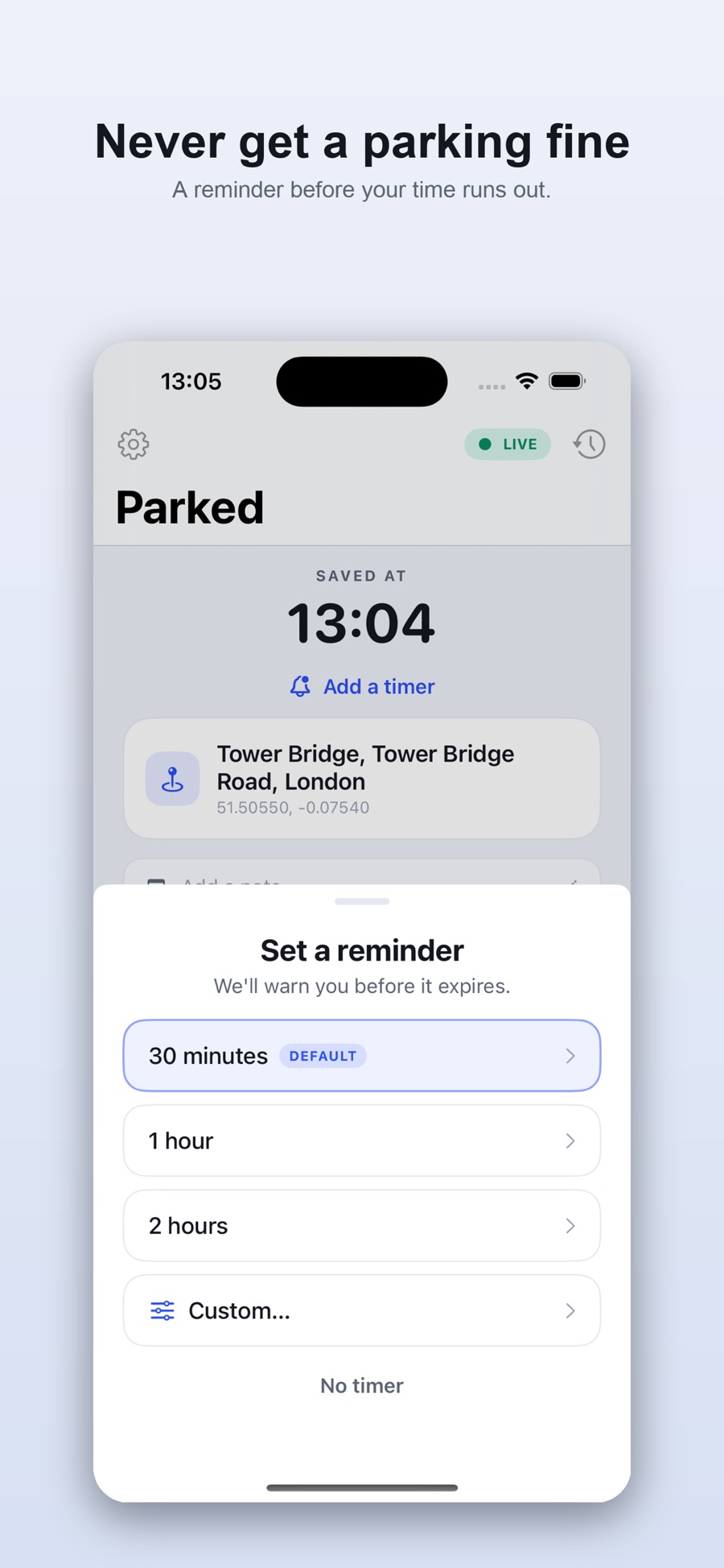Setting a parking timer to get a reminder before it expires