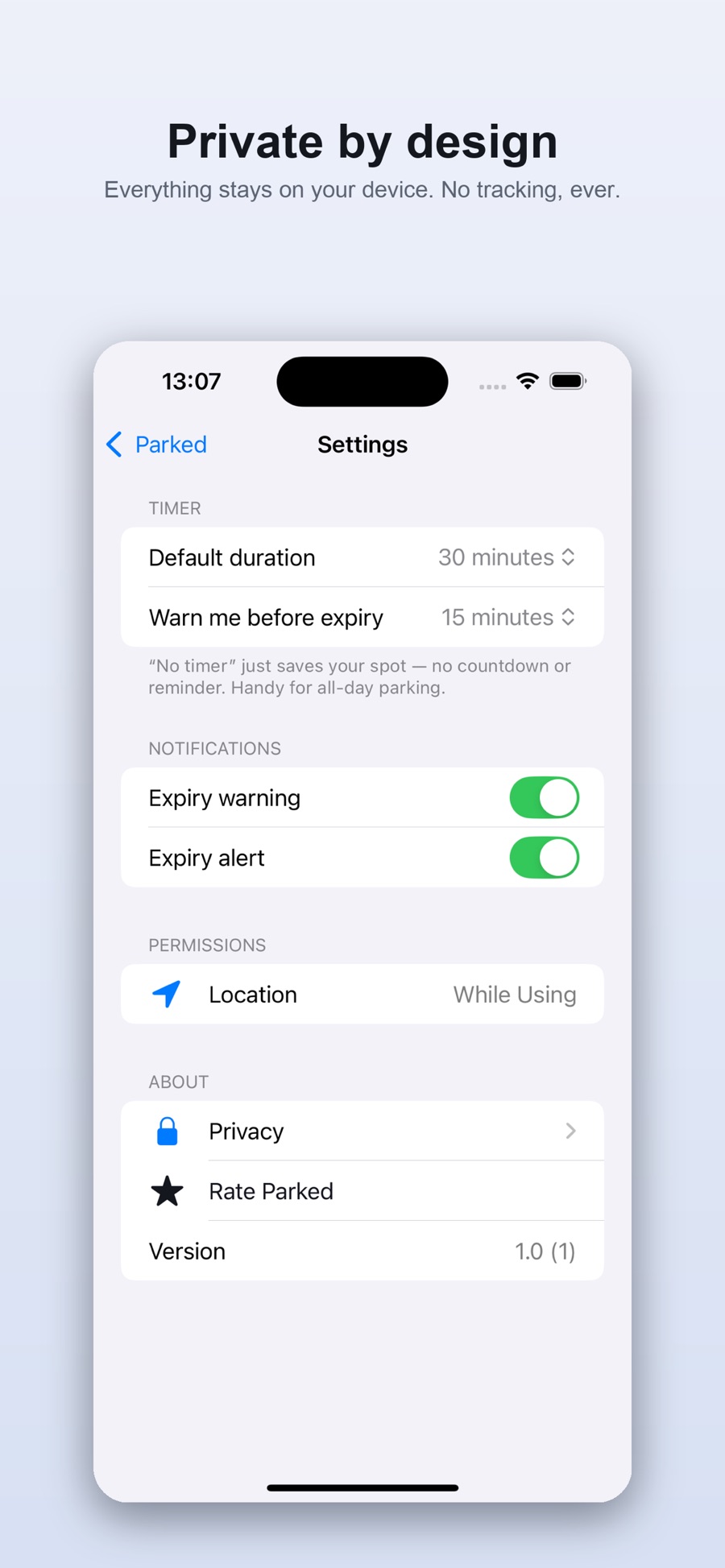 Parked keeps your location private and on-device